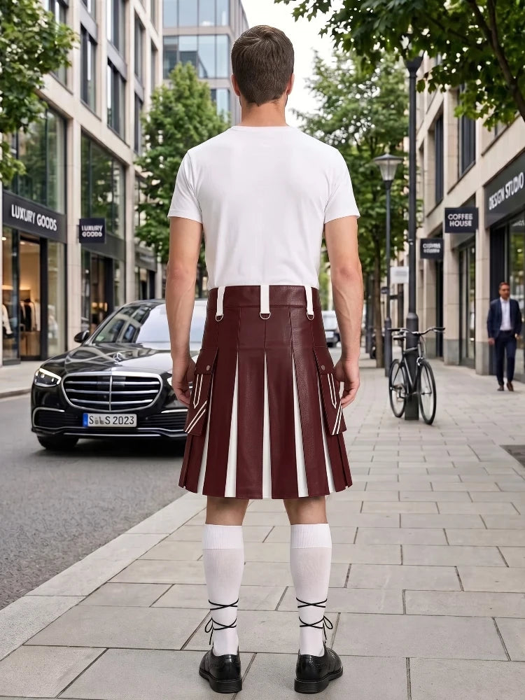 A man viewed from behind wearing a white t-shirt and a dark red leather kilt with white vertical stripes, standing on a city sidewalk.