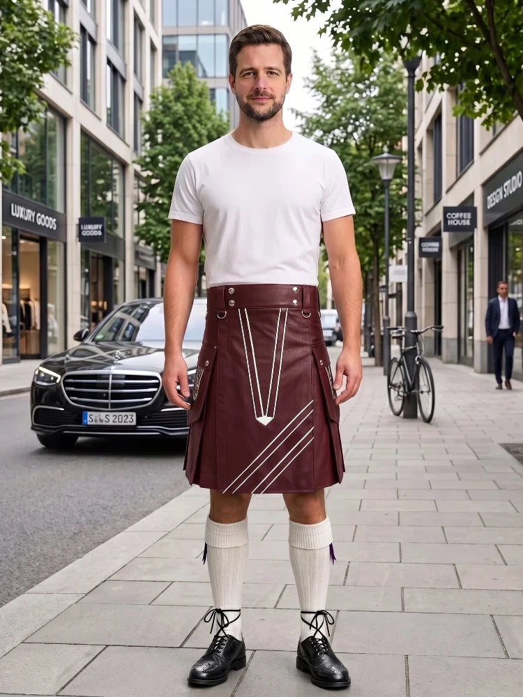 A man stands on a city sidewalk wearing a white crew-neck t-shirt and a dark brown leather kilt with white geometric line details. He is also wearing white knee-high socks and black leather shoes.