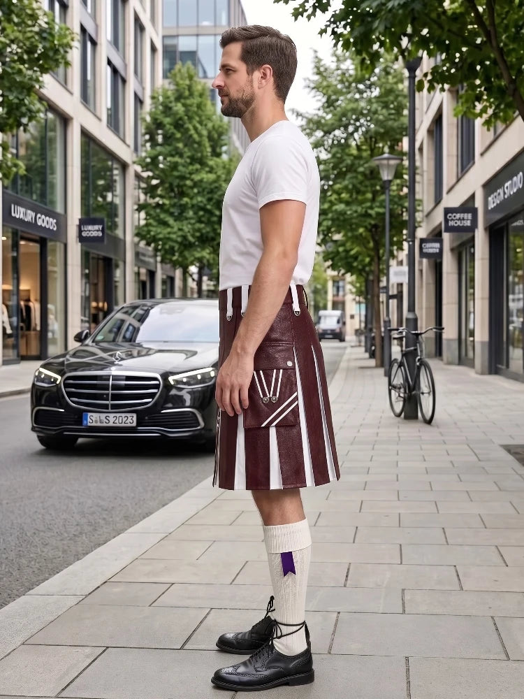 A man standing on a city sidewalk wearing a white t-shirt, a brown and white striped pleated kilt, white knee-high socks, and black leather shoes, with a street scene and parked cars in the background.