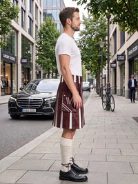 A man standing on a city sidewalk wearing a white short-sleeve t-shirt, a brown and white vertically striped leather kilt, cream knee-high socks, and black leather dress shoes. A black Mercedes-Benz car is parked on the street behind him, with trees and storefronts in the background.