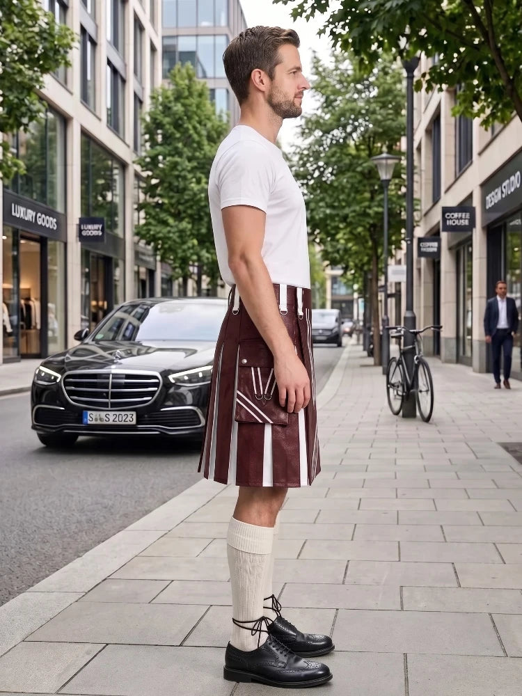A man standing on a city sidewalk wearing a white short-sleeve t-shirt, a brown and white vertically striped leather kilt, cream knee-high socks, and black leather dress shoes. A black Mercedes-Benz car is parked on the street behind him, with trees and storefronts in the background.