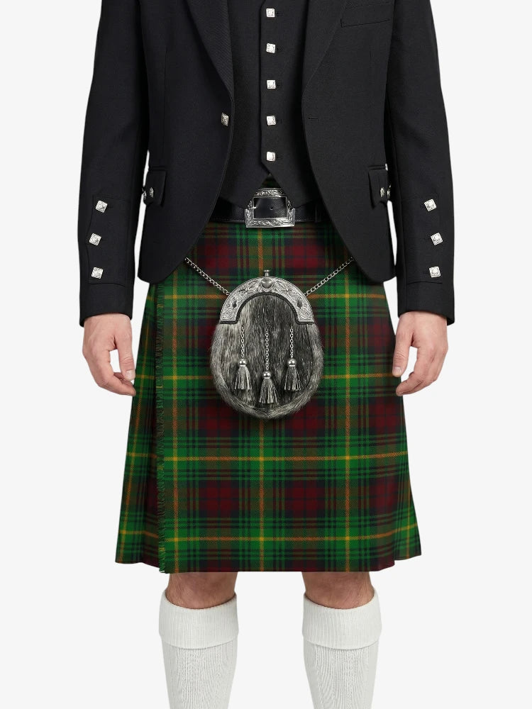 Person wearing a traditional Scottish kilt with a sporran on a white background