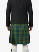 Person wearing a black jacket and green plaid kilt on a white background