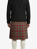 Person wearing a black jacket and red plaid kilt on a white background