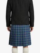 Person wearing a black coat and blue plaid kilt on a white background