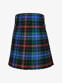 Plaid kilt with black, blue, red, and green colors on a white background