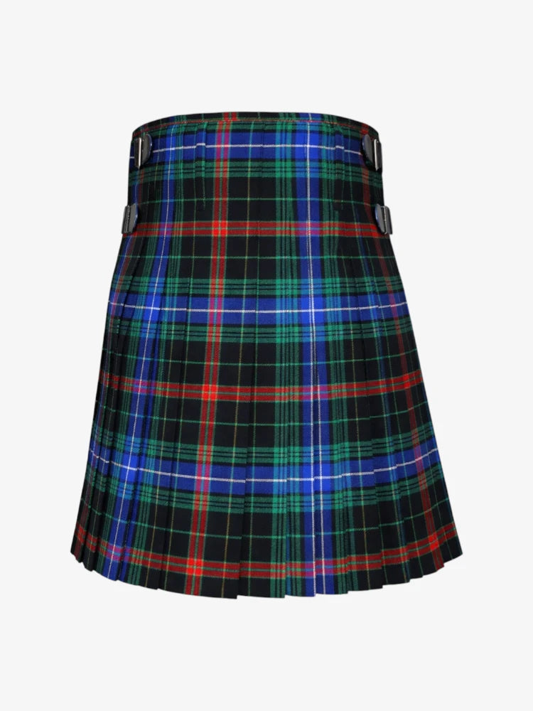 Plaid kilt with black, blue, red, and green colors on a white background