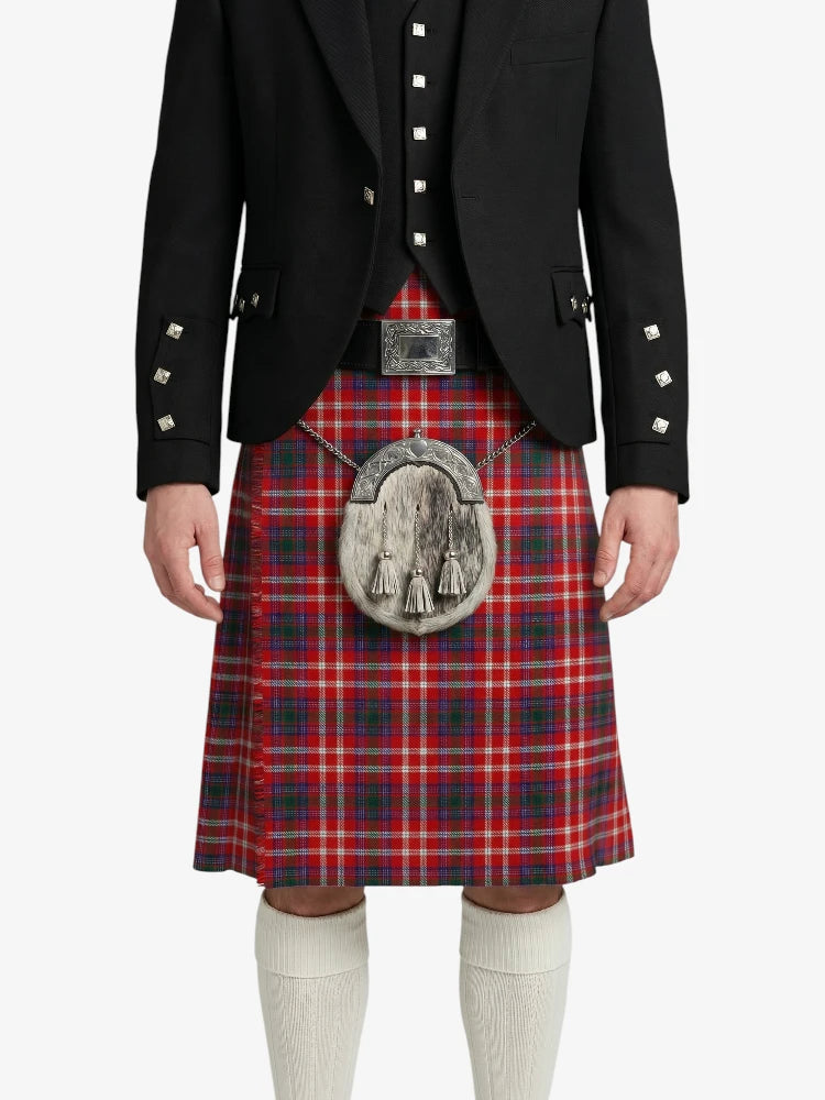 Person wearing a traditional Scottish kilt with a black jacket on a white background