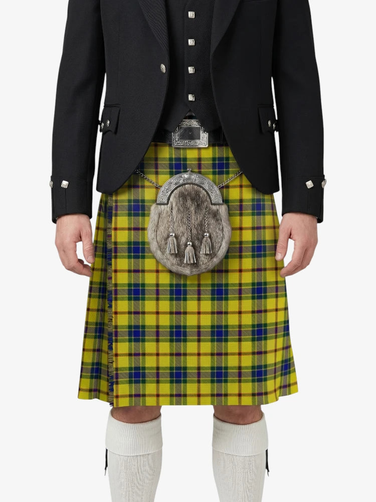 Person wearing a traditional Scottish kilt with a tartan pattern on a white background