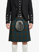 Person wearing a black jacket and tartan kilt with a sporran on a white background