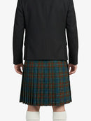Person wearing a black coat and plaid kilt on a white background