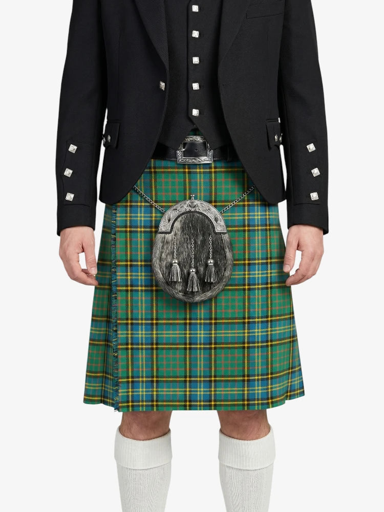 Person wearing a black jacket with white buttons and a green plaid kilt on a white background