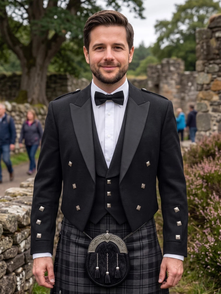 A man wearing a formal black double-breasted tuxedo jacket with peak lapels, a white dress shirt, a black bow tie, and a black and gray plaid kilt with a sporran, standing outdoors in front of stone ruins and trees.