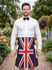 A man standing in a garden wearing a white dress shirt, black bow tie, and a kilt featuring the Union Jack flag pattern.