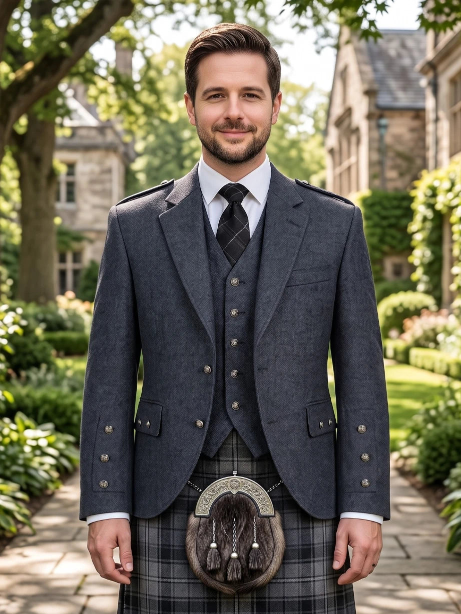 A man wearing a formal dark gray three-piece suit with a matching kilt and sporran, standing outdoors in a garden courtyard with stone buildings in the background.