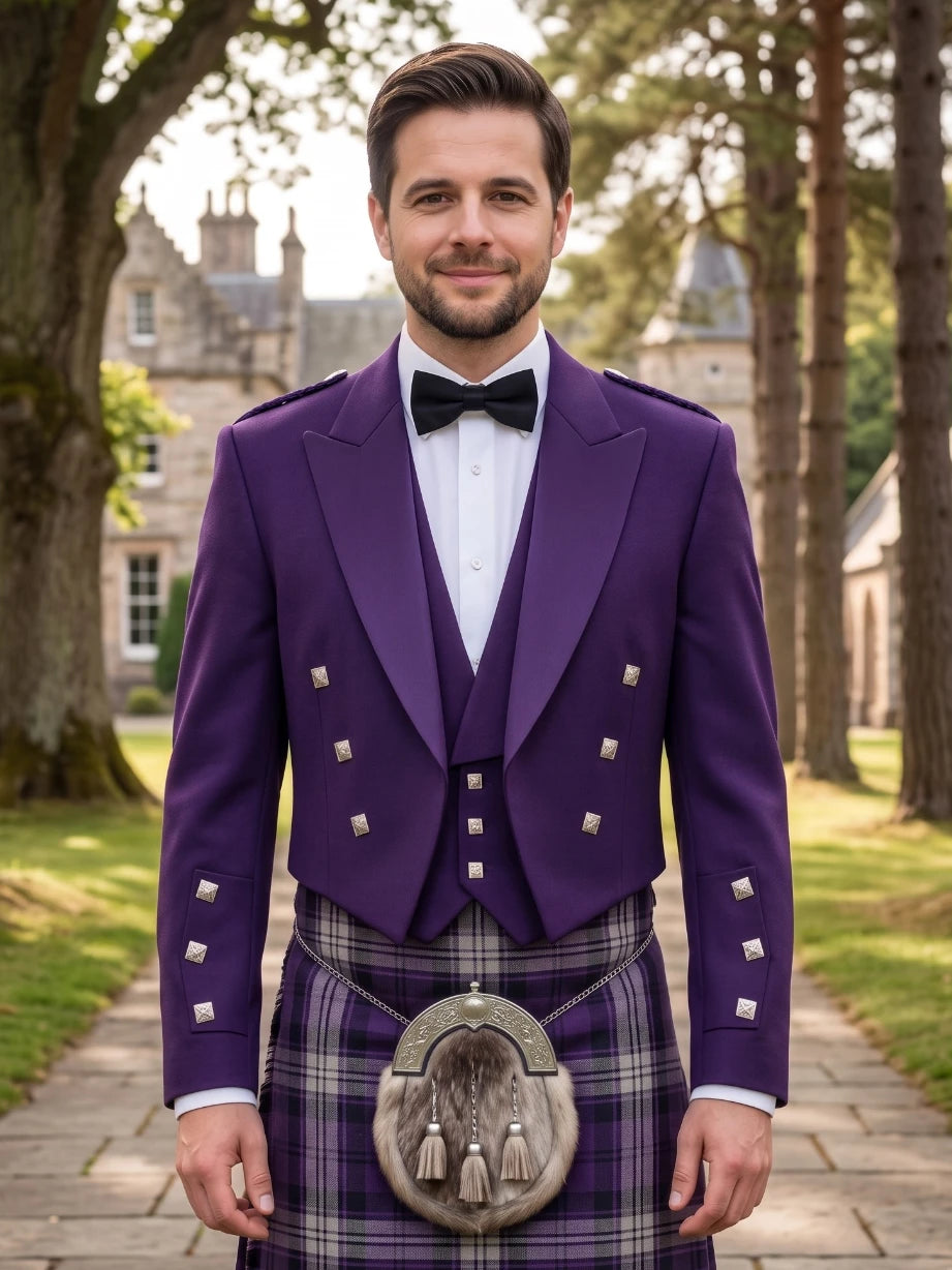 A man wearing a traditional Scottish formal outfit with a deep purple jacket, white shirt, black bow tie, and a tartan kilt with a silver sporran, standing outdoors on a stone path with trees and a castle in the background.