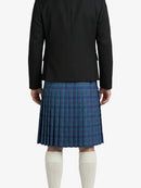 Person wearing a black blazer and blue plaid skirt on a white background