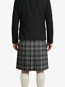 Person wearing a black jacket and plaid kilt on a white background