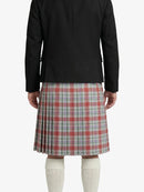 Person wearing a black jacket and plaid skirt on a white background