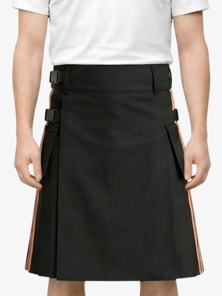 Black skirt with orange accents worn by a person on a white background