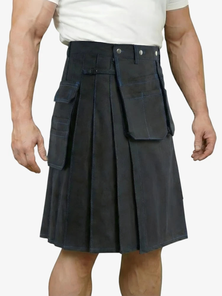 Person wearing a black kilt on a white background