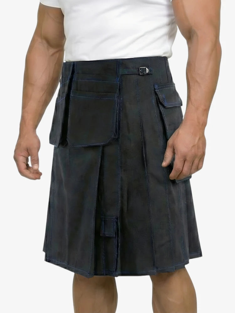 Person wearing a black kilt on a white background