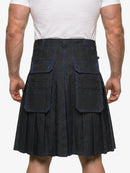 Person wearing a black kilt on a white background