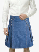 Person wearing a blue denim kilt with a white shirt on a white background