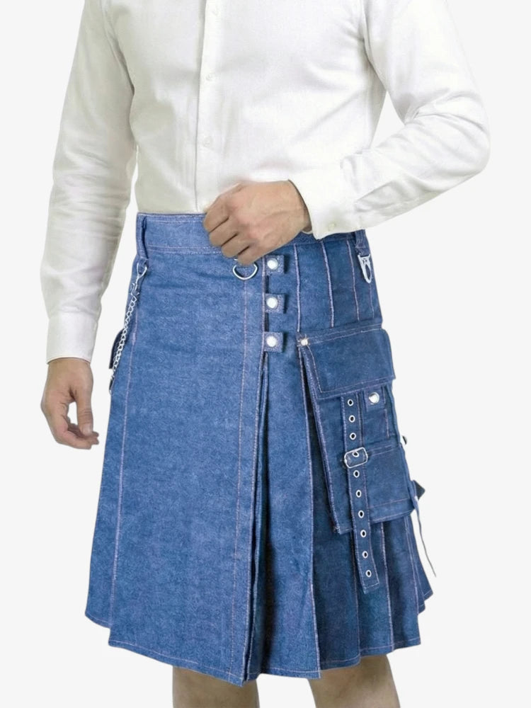Blue denim kilt worn by a person on a white background