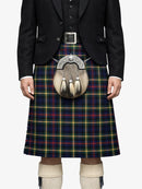 Person wearing a traditional Scottish kilt with a sporran on a white background