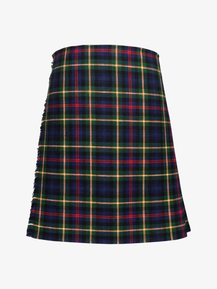 Plaid kilt with a blue, red, and green pattern on a white background