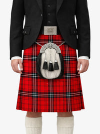Person wearing a red tartan kilt with a sporran on a white background