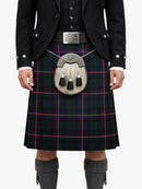 Person wearing a traditional Scottish kilt with a sporran on a white background