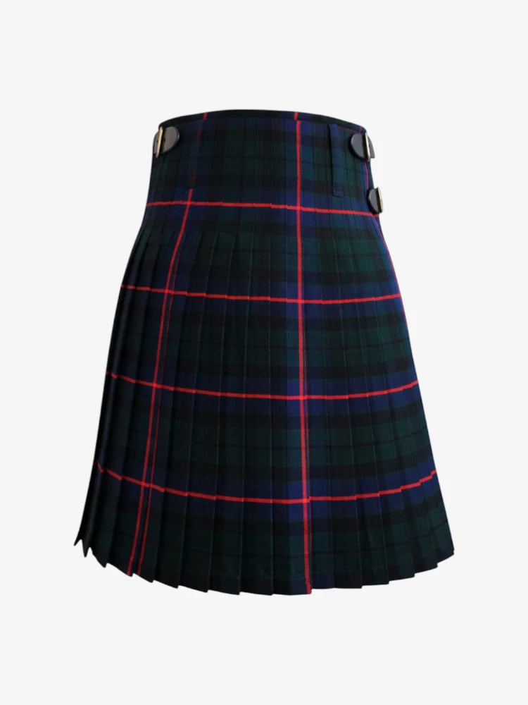 Plaid kilt with black and red pattern on a white background