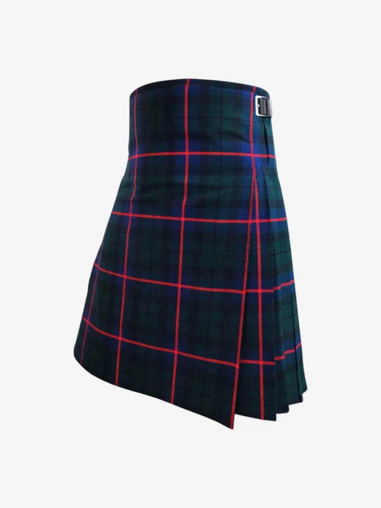 Plaid kilt with green and red pattern on a white background