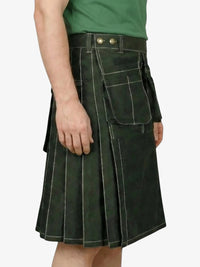 Green kilt worn by a person on a white background