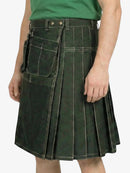 Person wearing a green plaid kilt on a white background