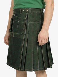 Person wearing a green plaid kilt on a white background