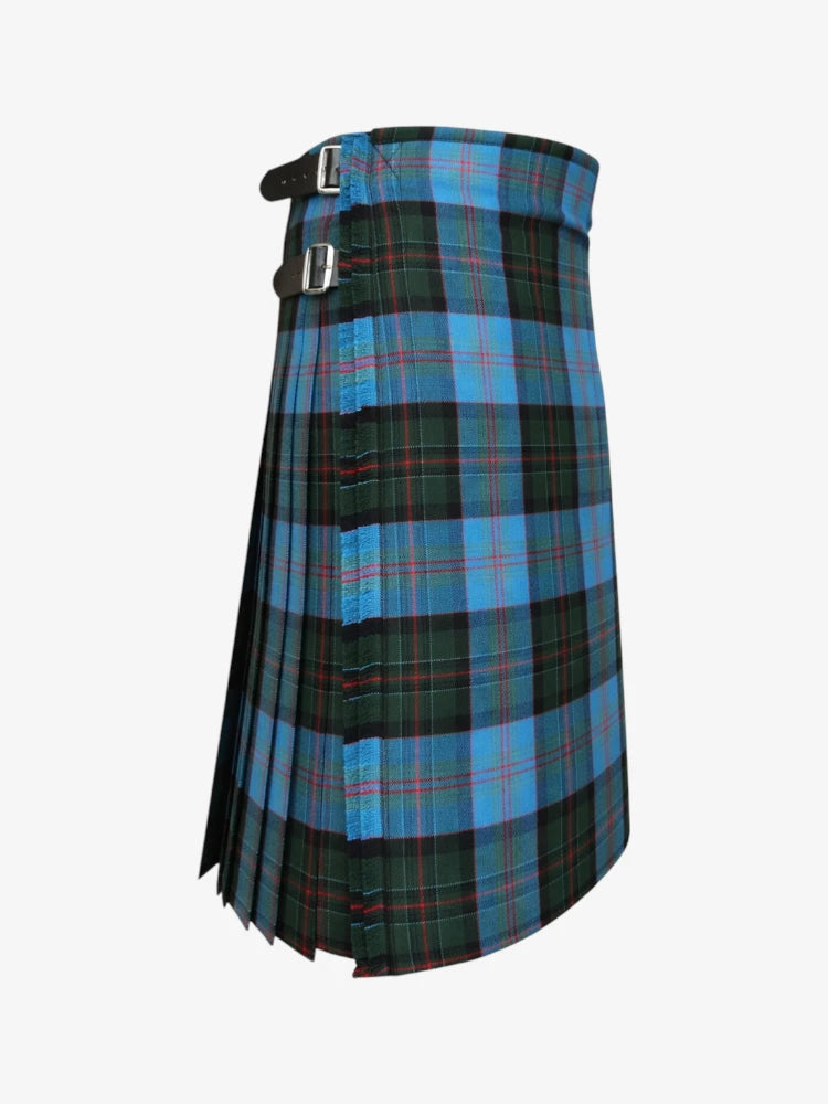 Plaid kilt with blue and green pattern on a white background