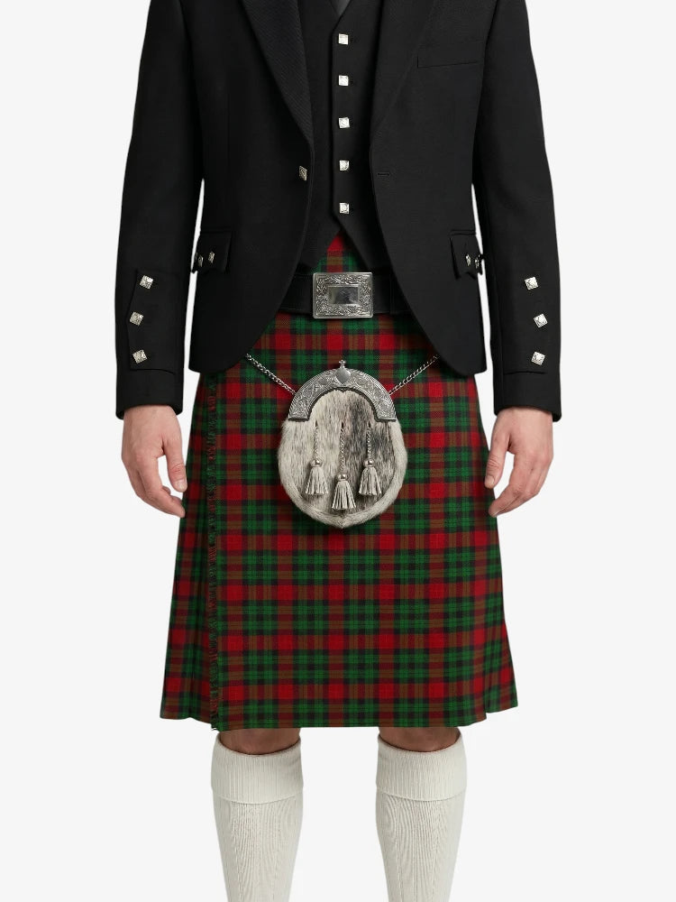 Person wearing a traditional Scottish kilt with a tartan pattern on a white background