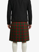 Person wearing a black coat and red plaid kilt on a white background