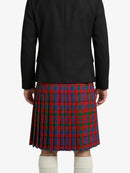 Person wearing a black jacket and red plaid kilt on a white background