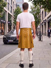 A man viewed from behind wearing a mustard yellow leather kilt with lace-up back detailing, a white t-shirt, white knee-high socks, and black shoes, standing on a city sidewalk.