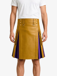 Mustard Yellow  Leather Kilt With Purple Pleats