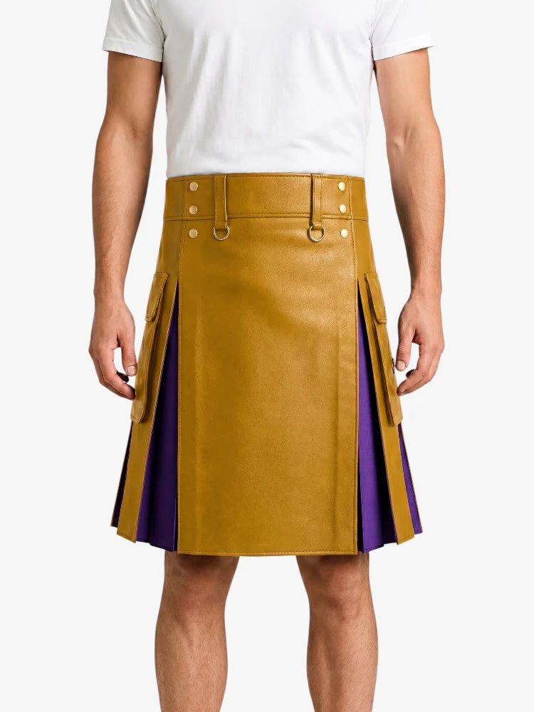 Mustard Yellow  Leather Kilt With Purple Pleats