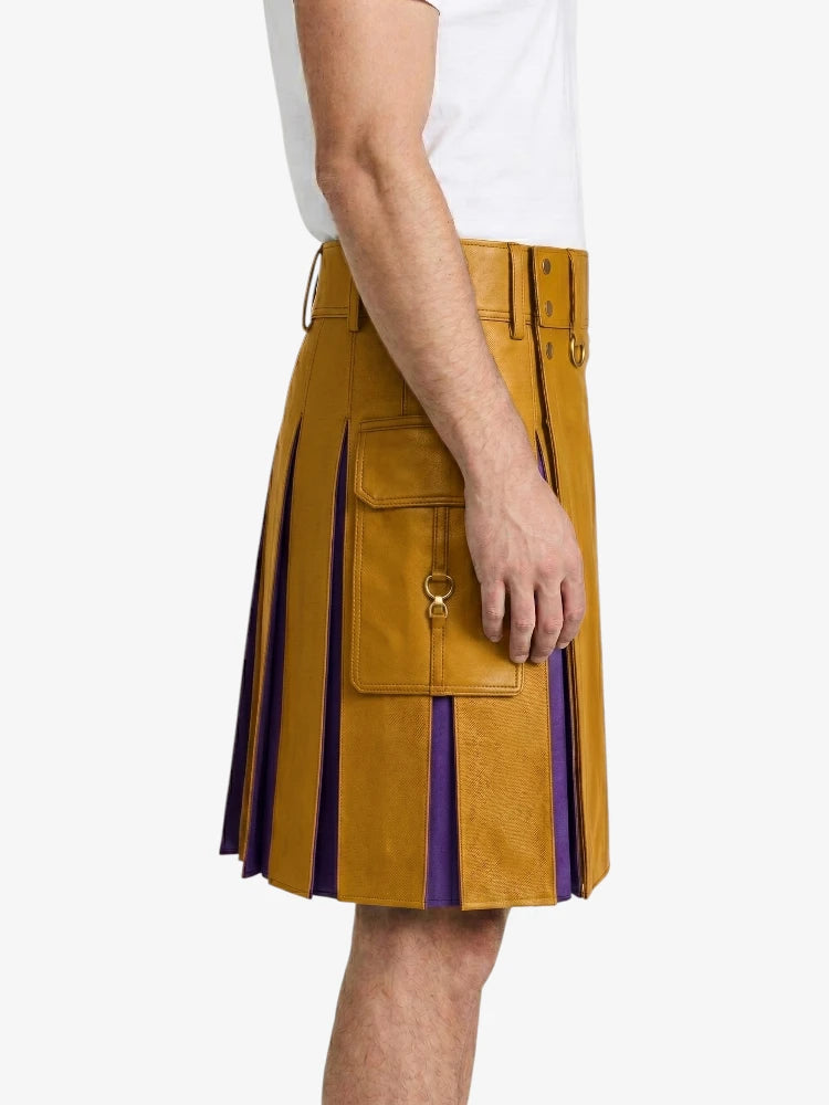 Mustard Yellow  Leather Kilt With Purple Pleats Right