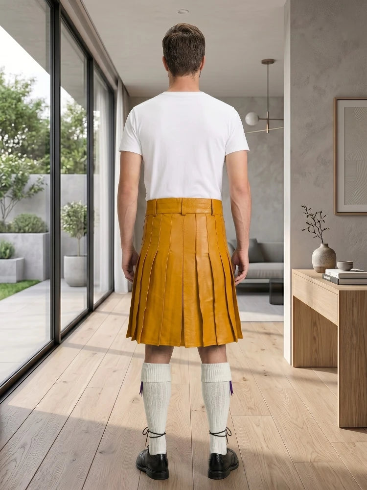 Mustard Yellow Leather Utility Kilt Back Side