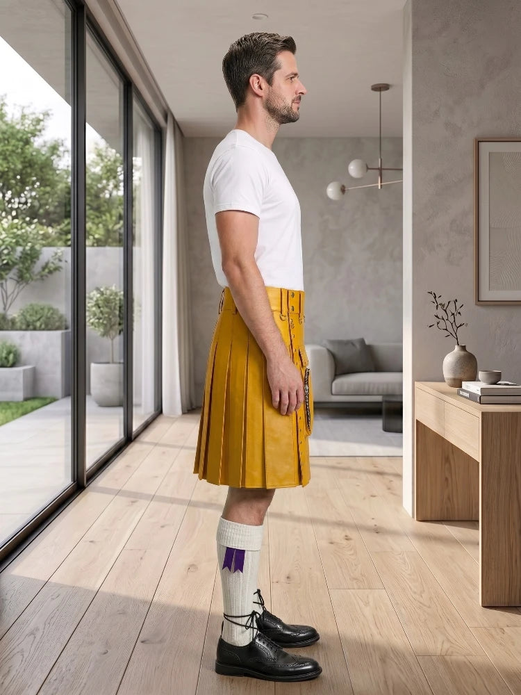 Mustard Yellow Leather Utility Kilt Right Side