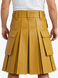 Yellow pleated skirt with cargo pockets on a white background