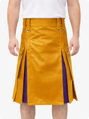 Person wearing a mustard yellow and purple kilt on a white background